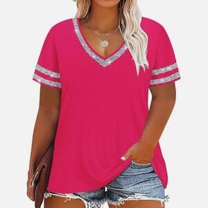 NEW Hot Pink T-Shirt Sequin V-Neck Jersey Sparkle Glitter Flowy Plus Sz 3X